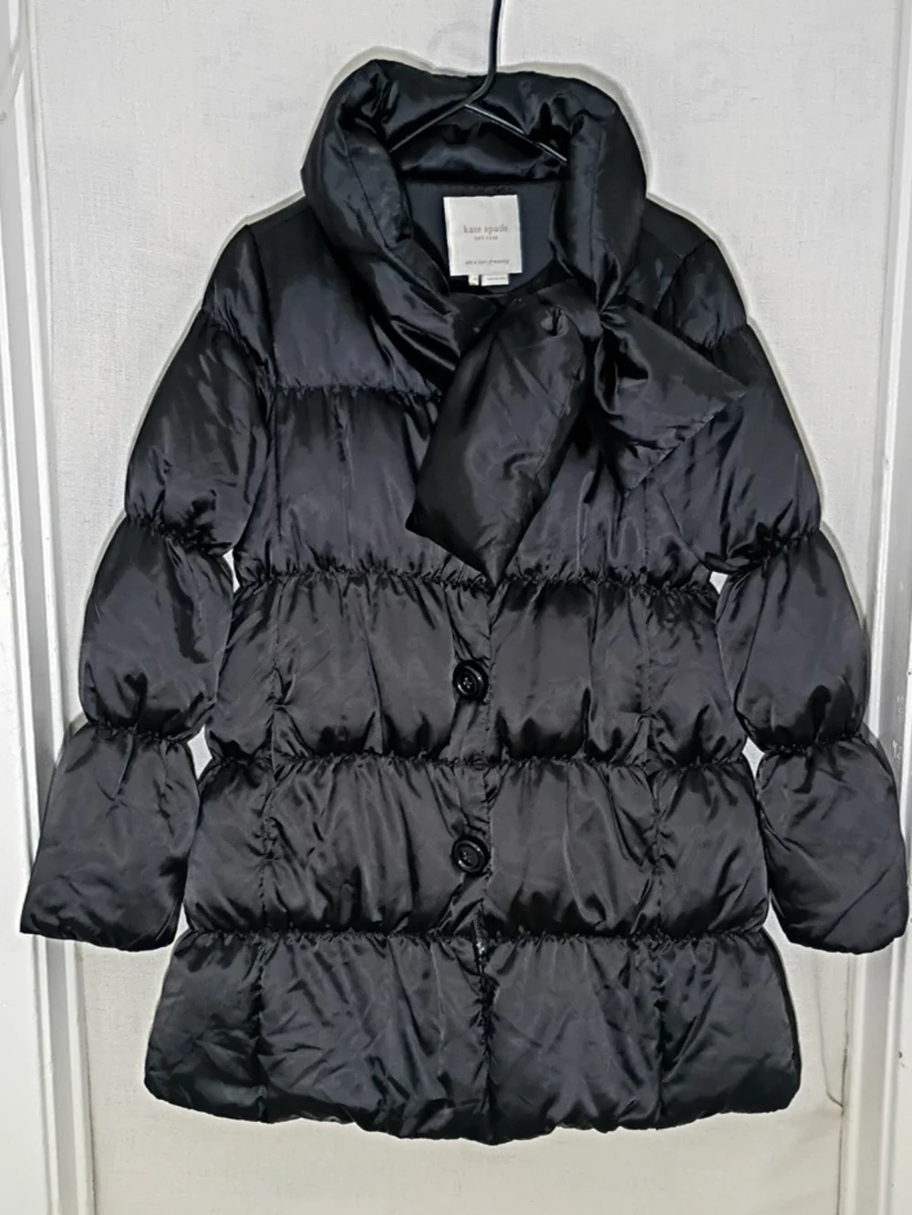 kate spade Black Quilted Puffer Coat with Bow Detail